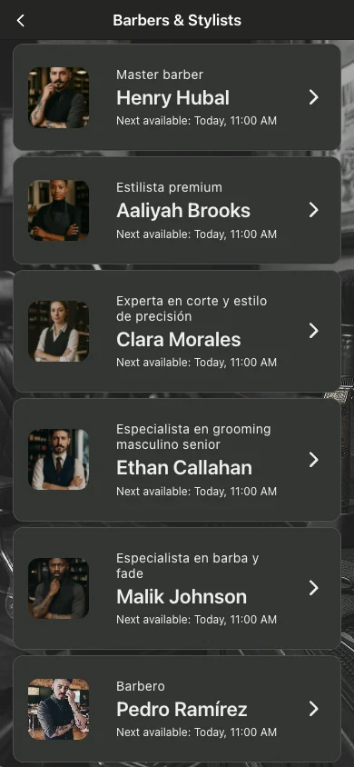 Barbershop app - barbers screen